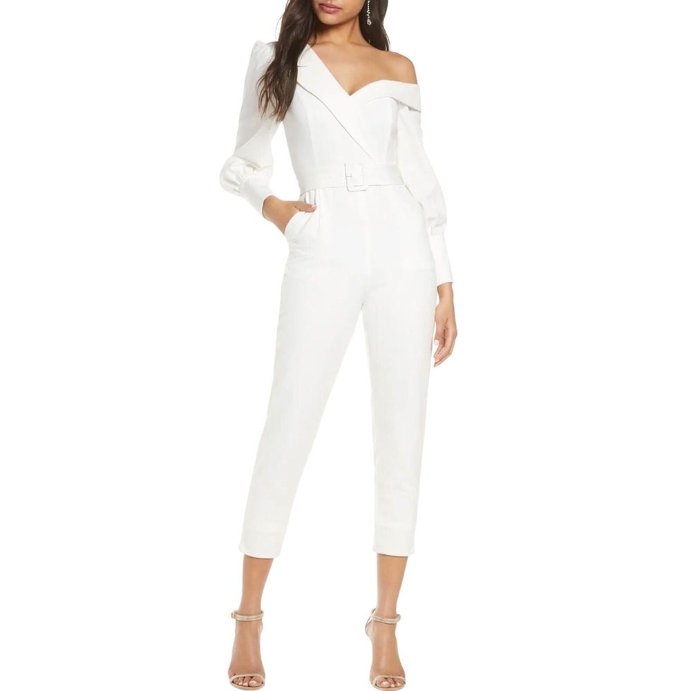 Lavish Alice Size 2 Tailored One Shoulder Cream Jumpsuit Minimalist Classic